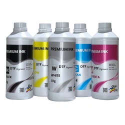 Tintas DTF GlopInk, 5 botellas de 1 Kg. Tinta DTF blanca y CMYK