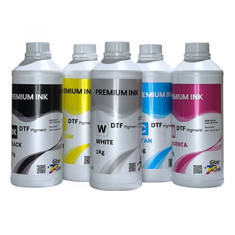 Tinta DTF GlopInk, 5 botellas de 1 Kg. Tinta DTF blanca y CMYK