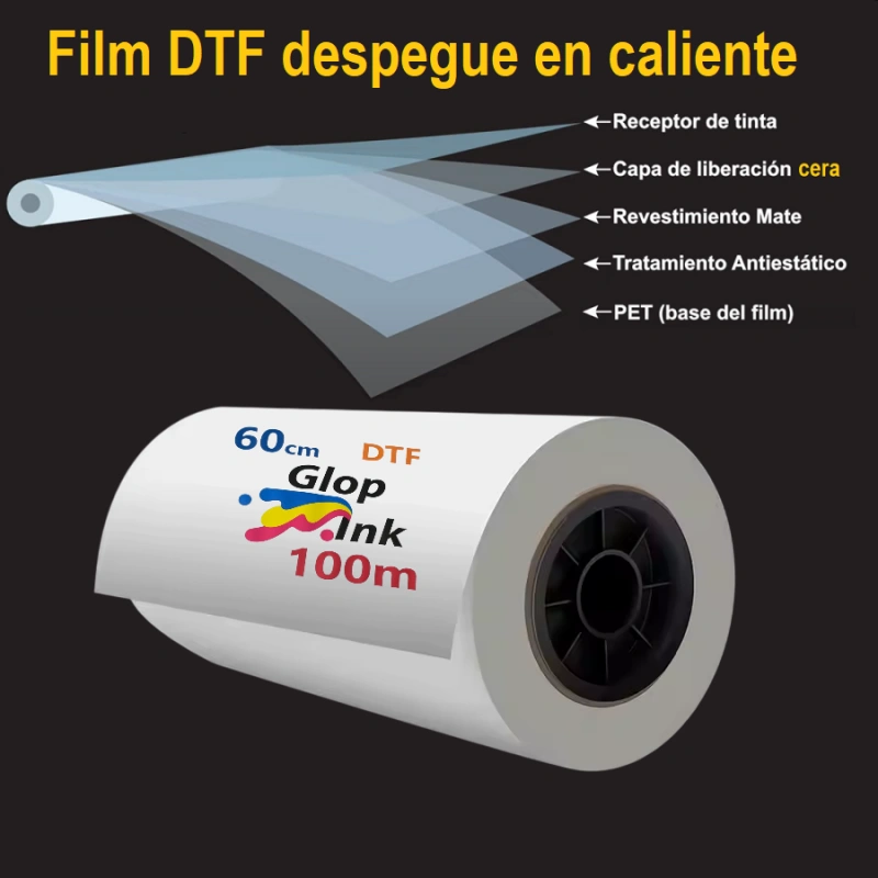 Film DTF pelado o despegue en caliente GlopInk, rollo de 60 cm.