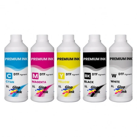 Tinta DTF GlopInk, 5 botellas de 1 Kg. Tinta DTF blanca y CMYK